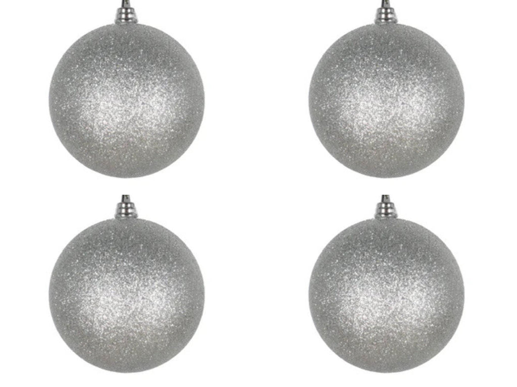 Farrisilk Silver Glitter Christmas Ornaments 4" – Set of 4 – Sparkly Baubles for Trees, Wreaths, Centerpieces, Garlands and Decor