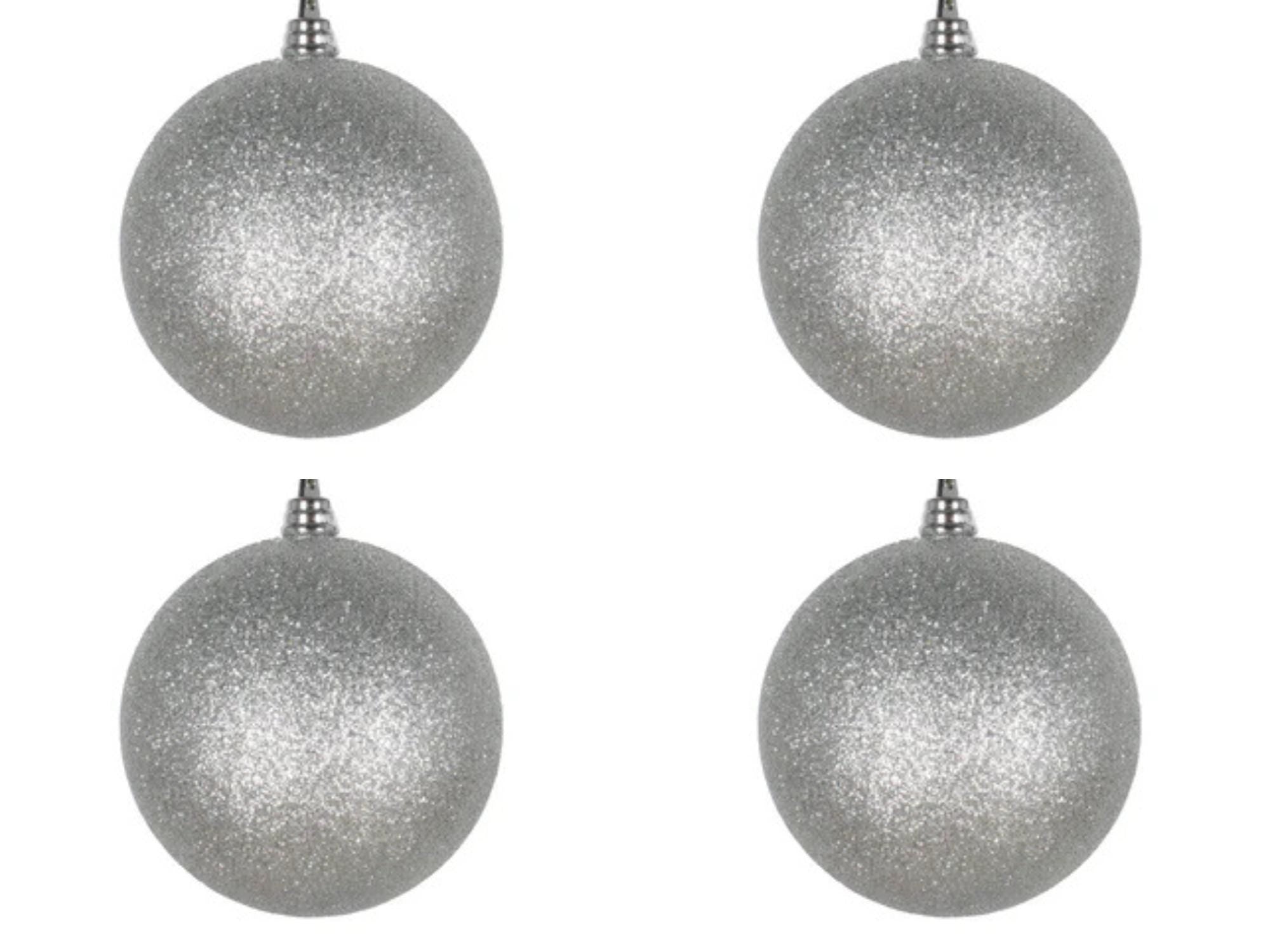 Farrisilk Silver Glitter Christmas Ornaments 4" – Set of 4 – Sparkly Baubles for Trees, Wreaths, Centerpieces, Garlands and Decor