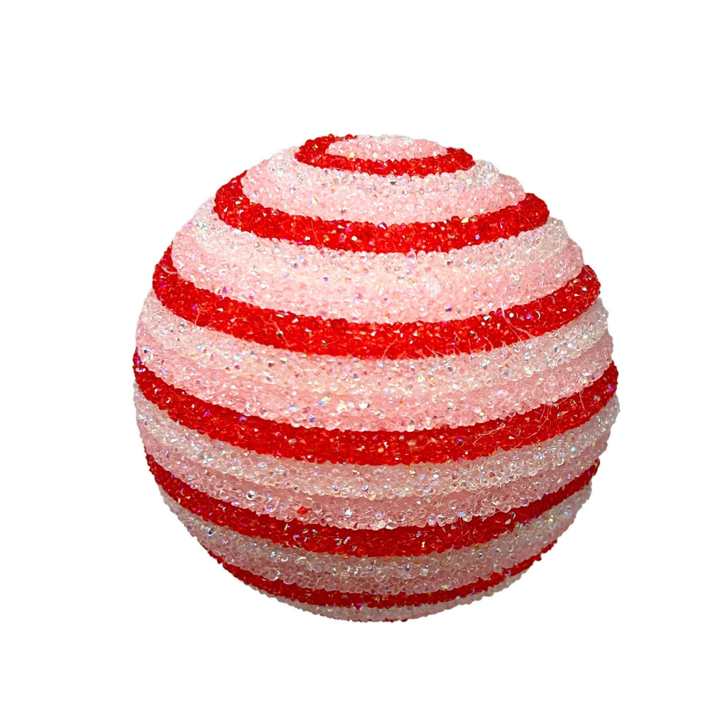 Set of 4 red and light pink peppermint stripe ball ornaments with icy beaded texture, 4-inch Christmas decorations