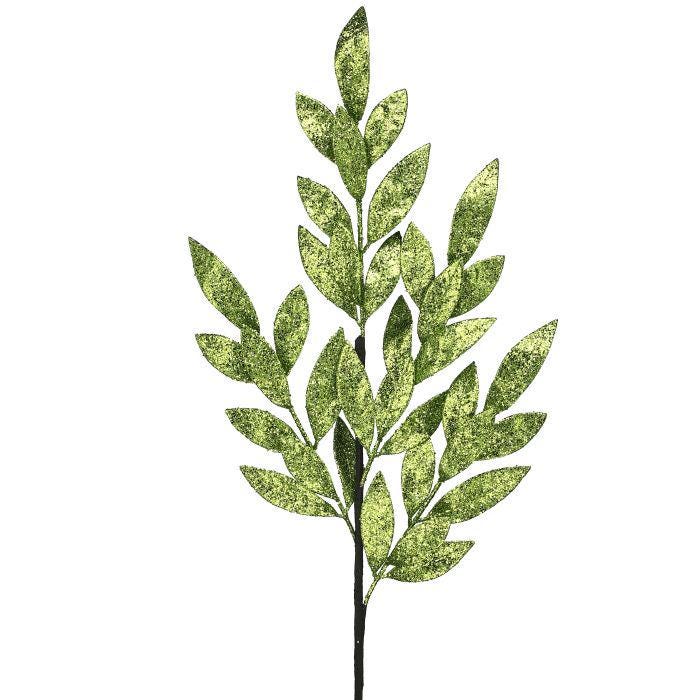 Green Glitter Laurel Leaf Spray – 30" Artificial Holiday Stem – Christmas Tree, Wreath & Floral Decor, Centerpieces, St Patricks Day, Spring