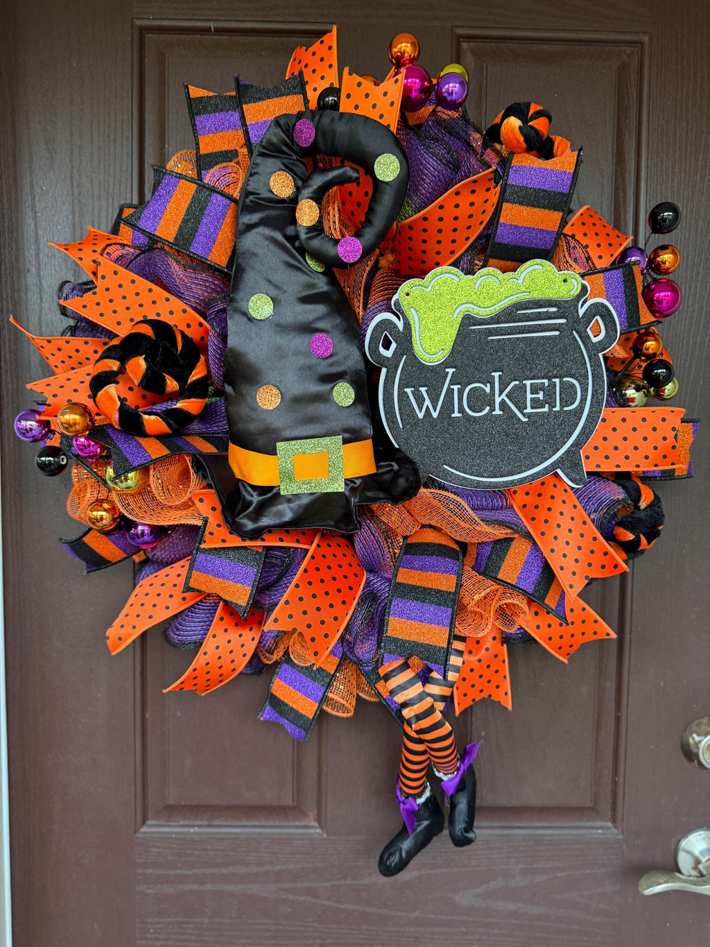 Wicked Witch Halloween Wreath – Orange, Black & Purple Deco Mesh Door Décor with Witch Hat, Legs with Wicked Cauldron Sign