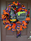 Wicked Witch Halloween Wreath – Orange, Black & Purple Deco Mesh Door Décor with Witch Hat, Legs with Wicked Cauldron Sign