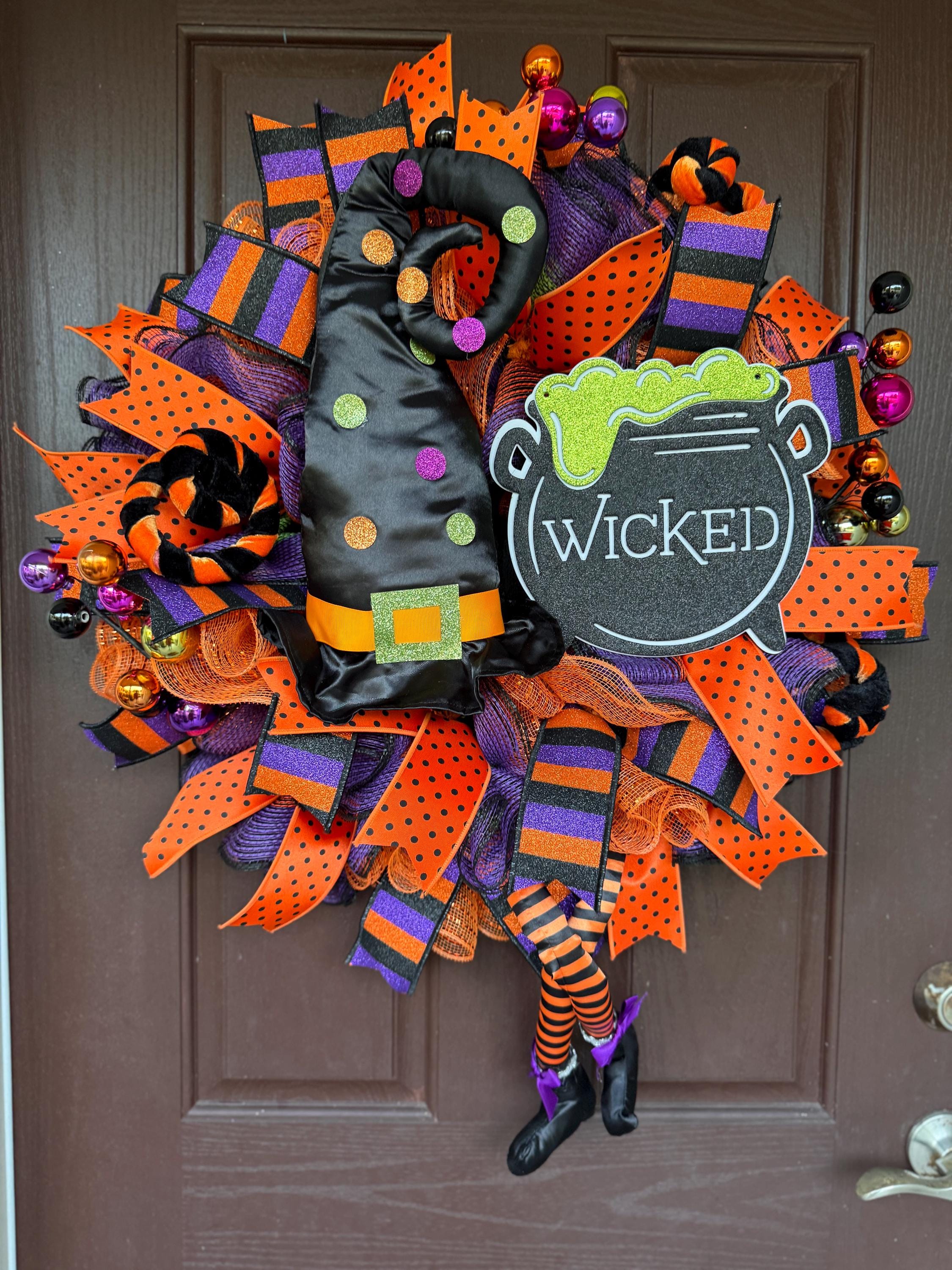 Wicked Witch Halloween Wreath – Orange, Black & Purple Deco Mesh Door Décor with Witch Hat, Legs with Wicked Cauldron Sign