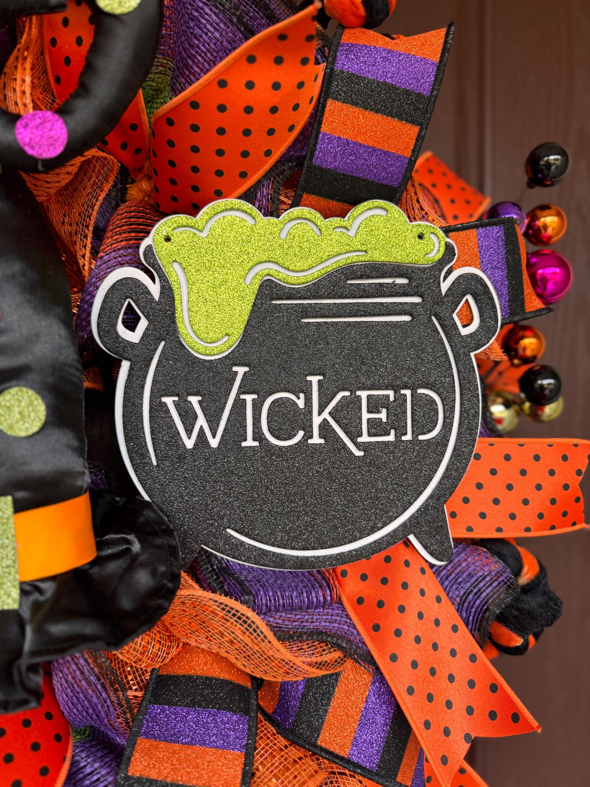 Wicked Witch Halloween Wreath – Orange, Black & Purple Deco Mesh Door Décor with Witch Hat, Legs with Wicked Cauldron Sign