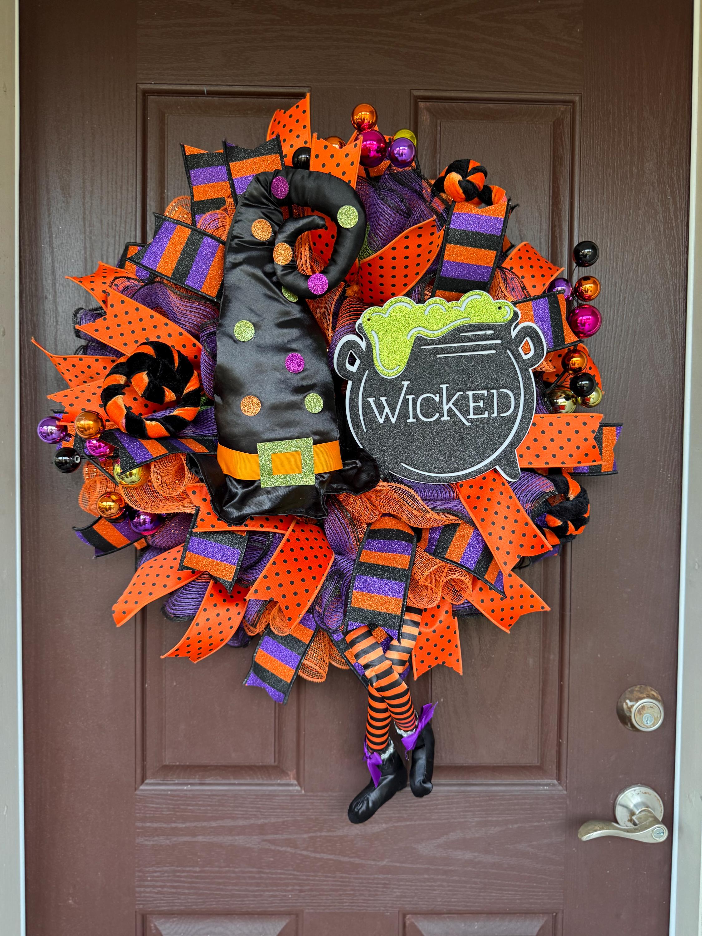 Wicked Witch Halloween Wreath – Orange, Black & Purple Deco Mesh Door Décor with Witch Hat, Legs with Wicked Cauldron Sign