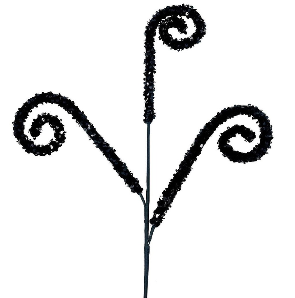 Velvet Sequin Curl Spray 29” – Black | Decorative Curly Pick for Wreaths, Centerpieces, Holiday Décor, Party & Event Crafts