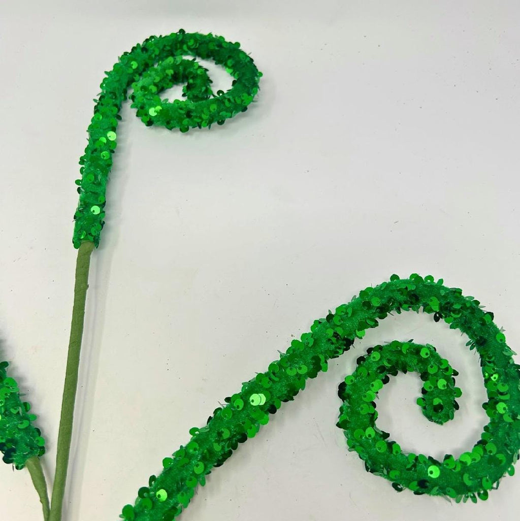 Velvet Sequin Curl Spray 29” – Green | Decorative Curly Pick for Wreaths, Garlands, Christmas Tree Décor, Centerpieces & Crafts