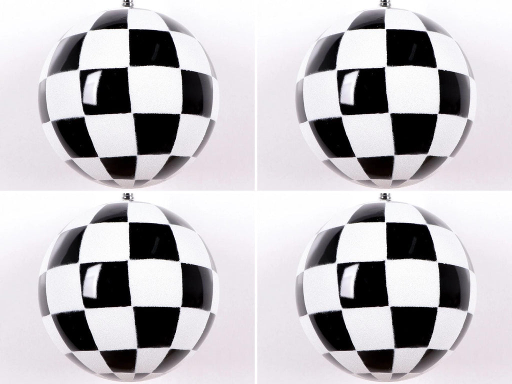 Farrisilk Black & White Checker Ornaments – Set of 4 -4” (100MM) Ball Ornaments, Decorative Christmas – Modern Holiday Tree Decoration
