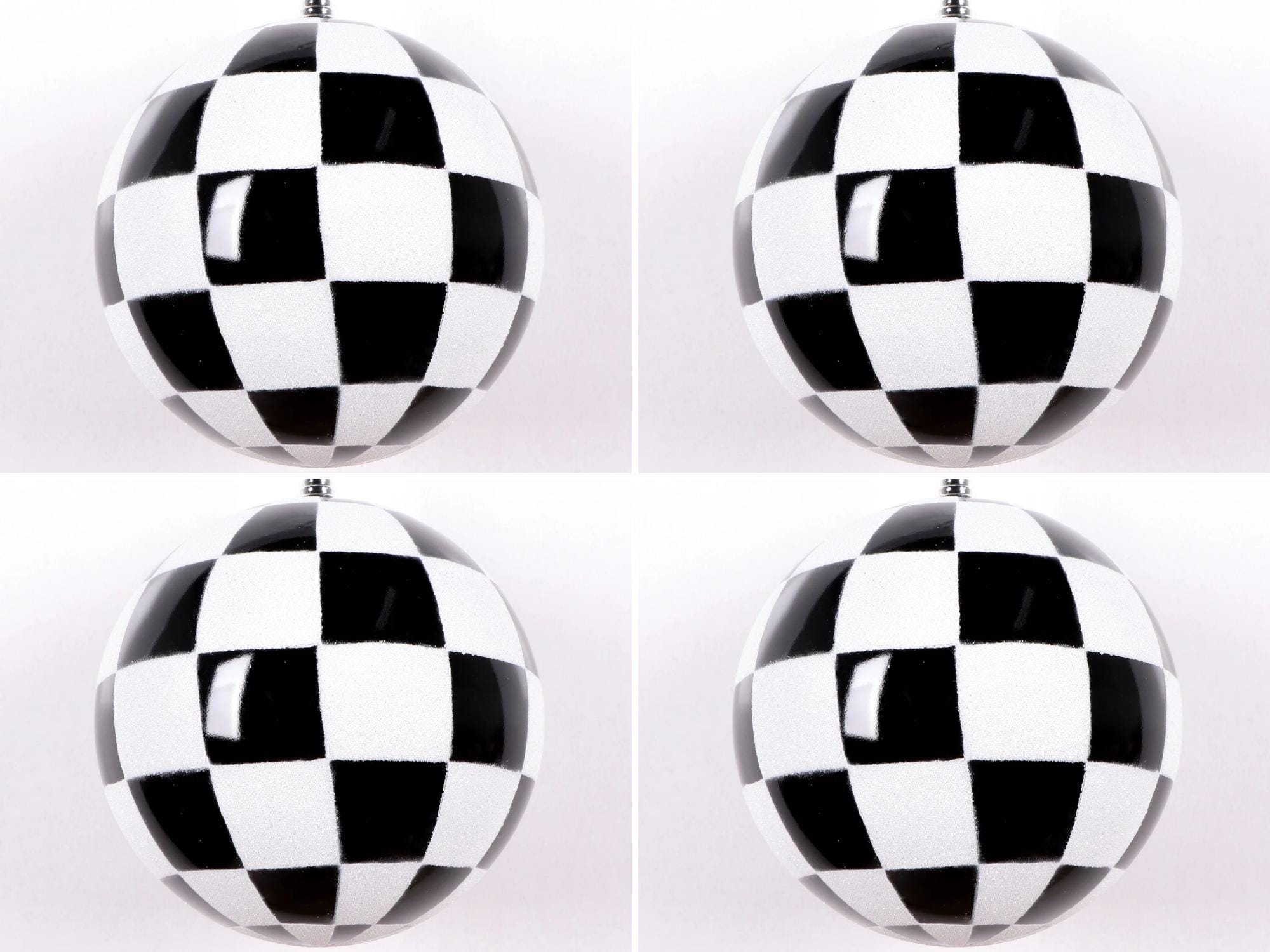 Farrisilk Black & White Checker Ornaments – Set of 4 -4” (100MM) Ball Ornaments, Decorative Christmas – Modern Holiday Tree Decoration