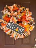 Candy Corn Halloween Wreath - Deco Mesh Welcome Wreath - Fall Front Door Decor - Orange Yellow Black Wreath - Trick or Treat Porch Wreath