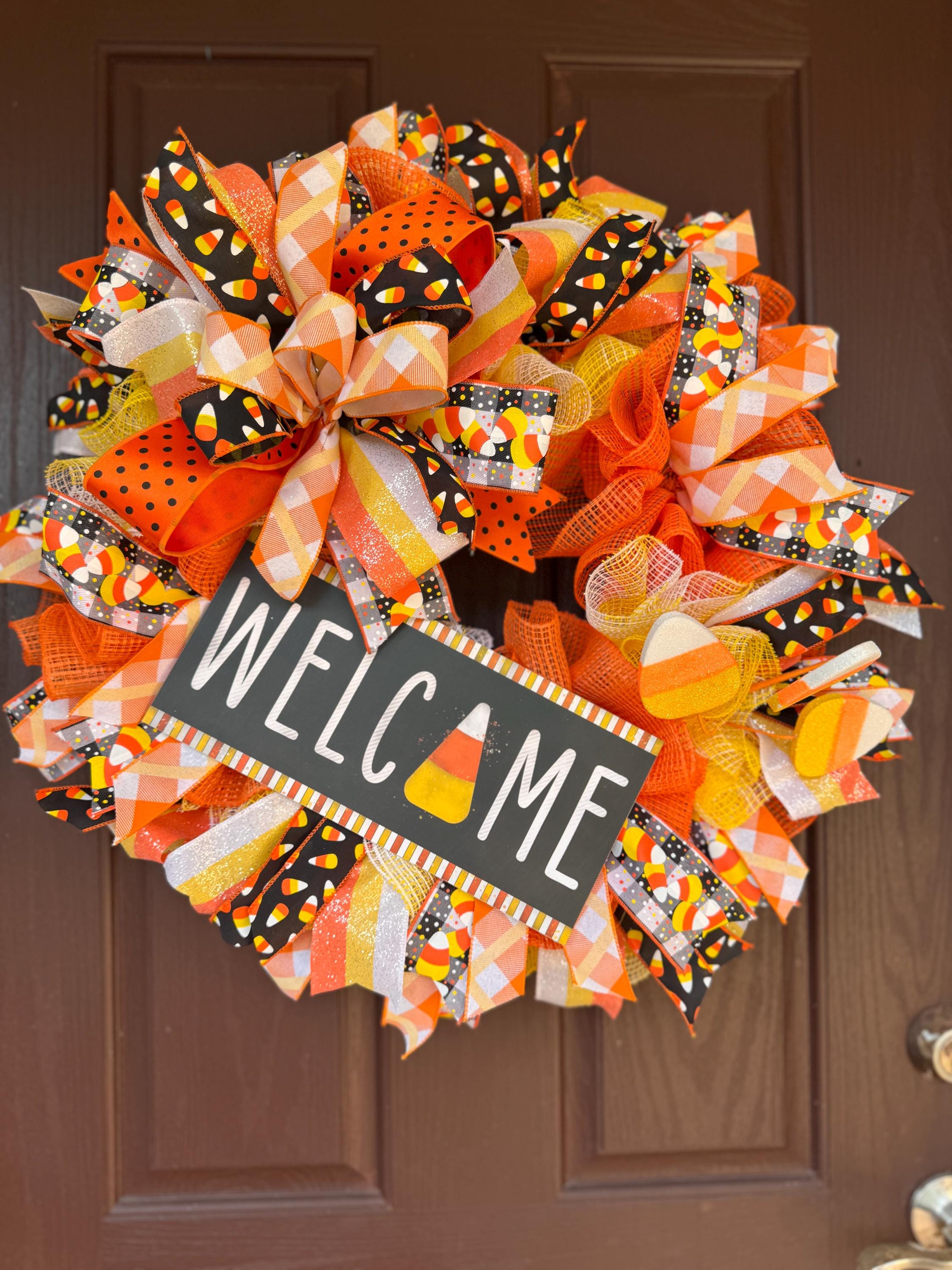 Candy Corn Halloween Wreath - Deco Mesh Welcome Wreath - Fall Front Door Decor - Orange Yellow Black Wreath - Trick or Treat Porch Wreath