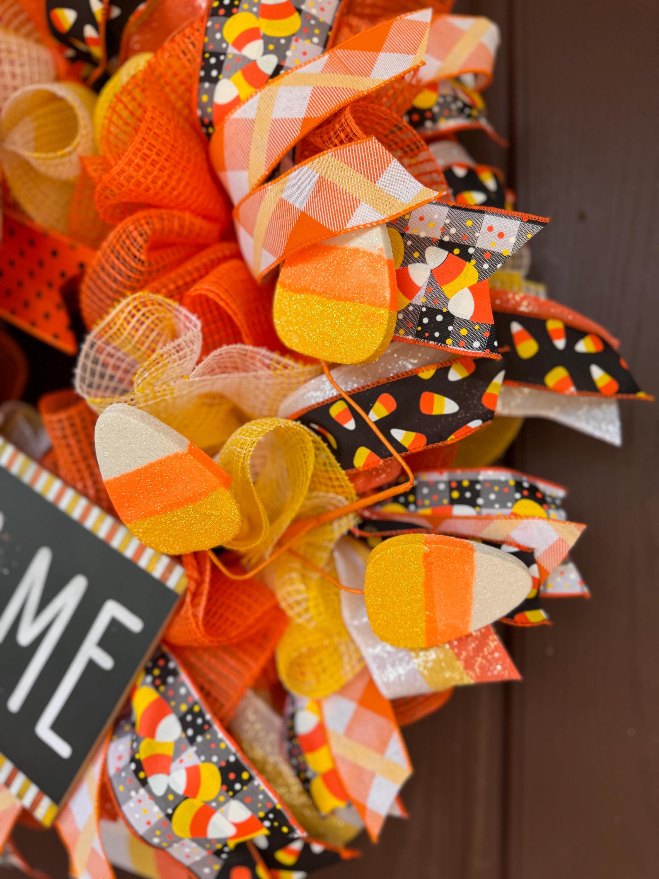 Candy Corn Halloween Wreath - Deco Mesh Welcome Wreath - Fall Front Door Decor - Orange Yellow Black Wreath - Trick or Treat Porch Wreath
