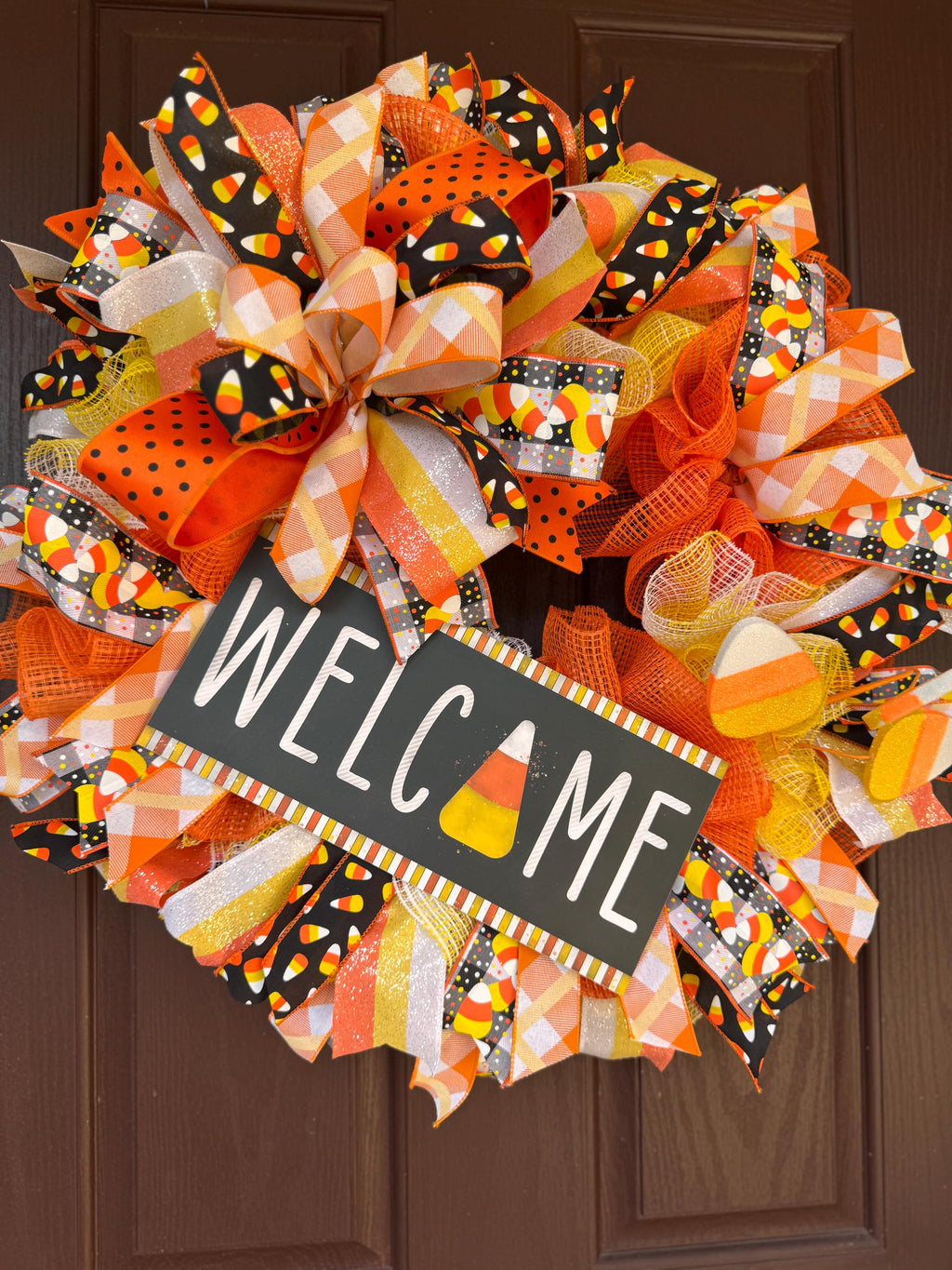 Candy Corn Halloween Wreath - Deco Mesh Welcome Wreath - Fall Front Door Decor - Orange Yellow Black Wreath - Trick or Treat Porch Wreath