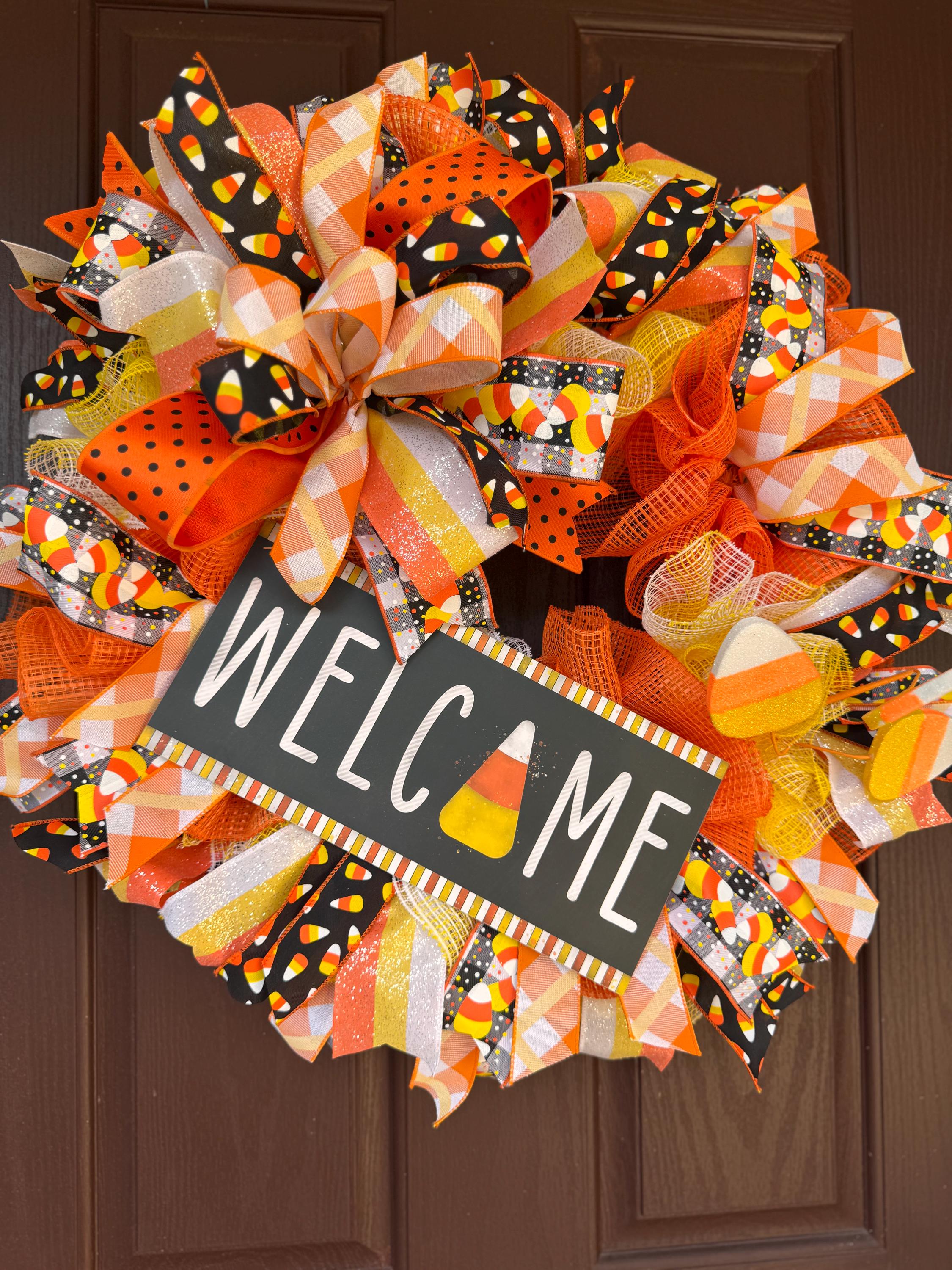 Candy Corn Halloween Wreath - Deco Mesh Welcome Wreath - Fall Front Door Decor - Orange Yellow Black Wreath - Trick or Treat Porch Wreath