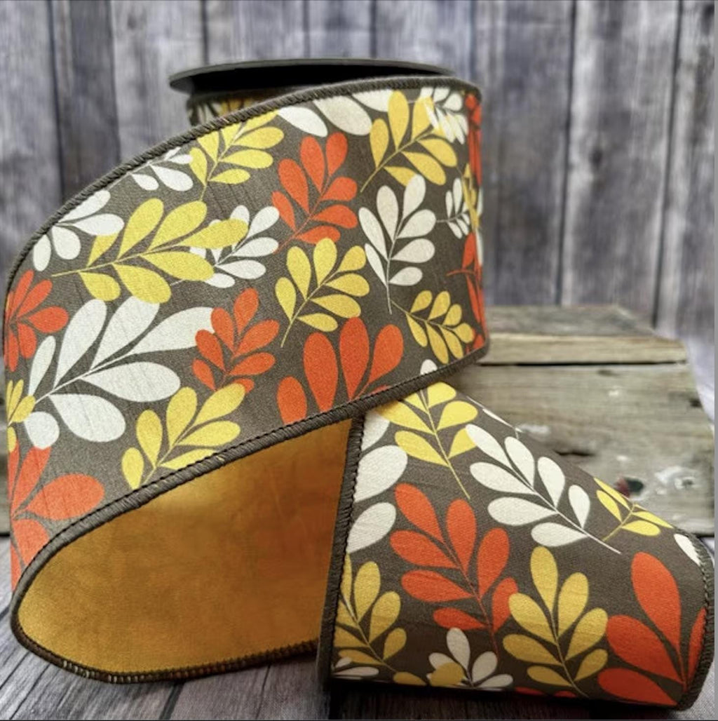 D Stevens Fall Leaves Dupion Ribbon – 4" x 10yds Wired Autumn Ribbon, Orange Ivory Brown Plaid Back, Thanksgiving and Fall Wreath Bow Decor