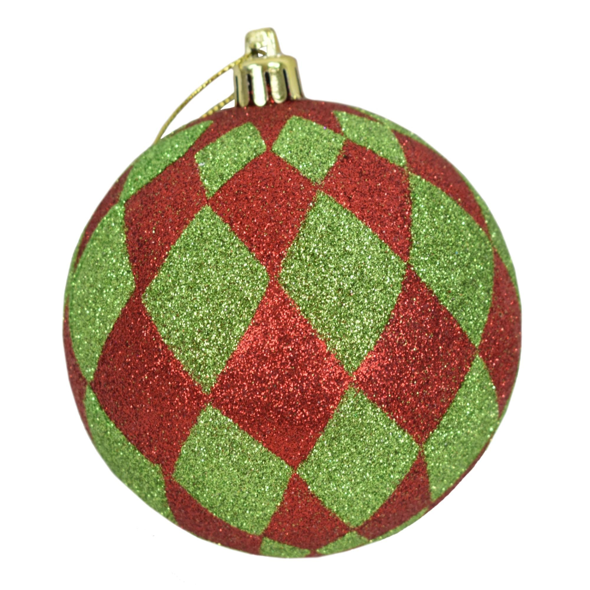 David Christopher Christmas Red and Green Harlequin Glitter Ornaments 4" –Set of 4 –Christmas Baubles for Trees, Wreaths, and Holiday Decor