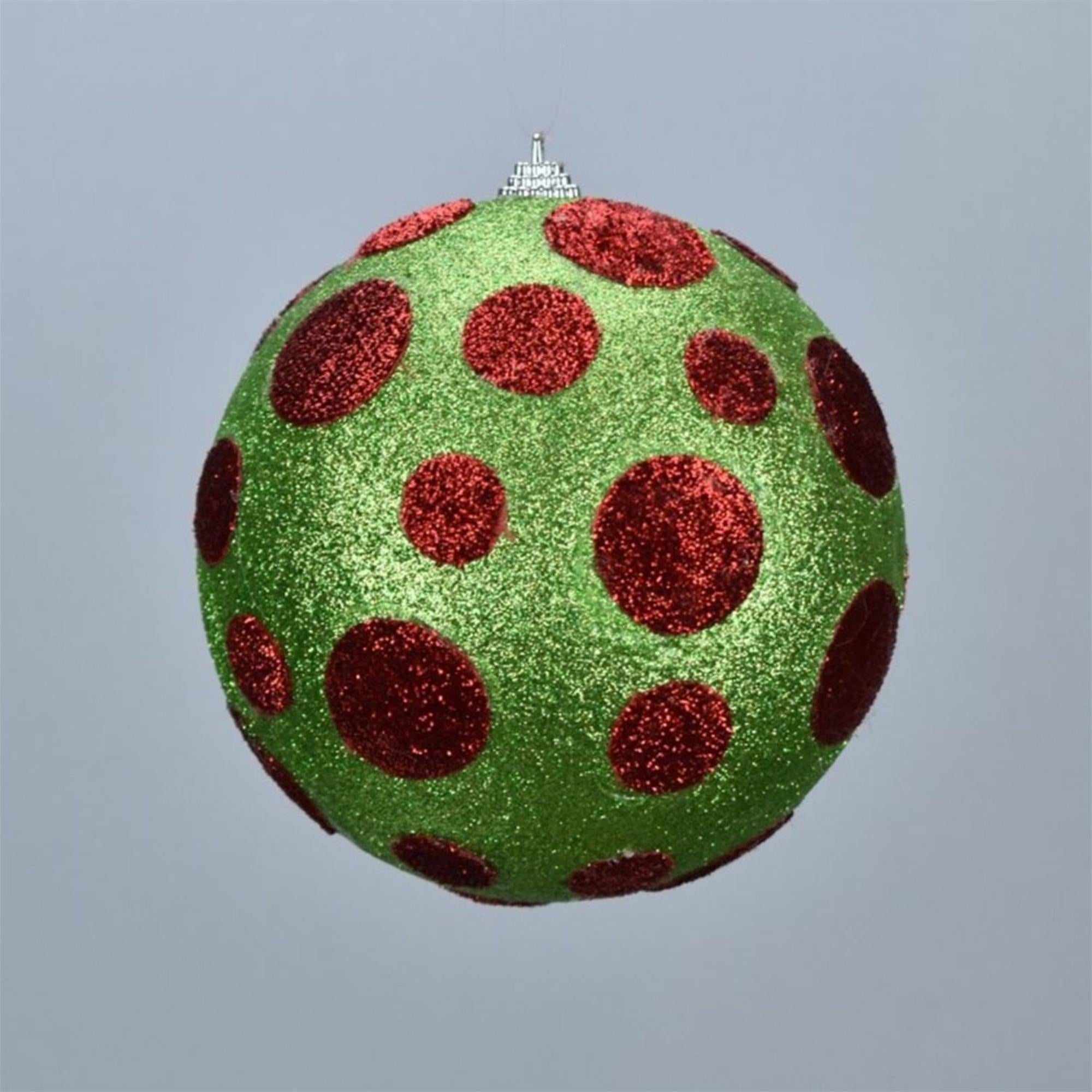Whimsy Dot Ball Ornaments 6" – Set of 2 – David Christopher Green and Red Glitter Christmas Tree Decorations, Large Holiday Ornaments