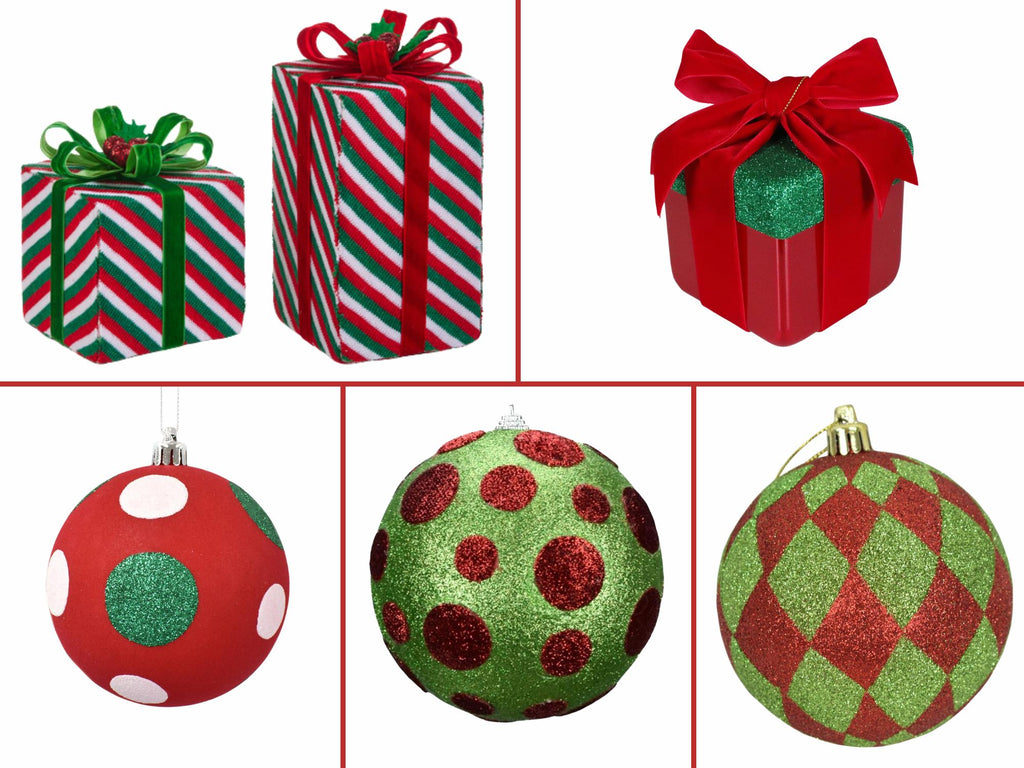 Whimsy Dot Ball Ornaments 6" – Set of 2 – David Christopher Green and Red Glitter Christmas Tree Decorations, Large Holiday Ornaments