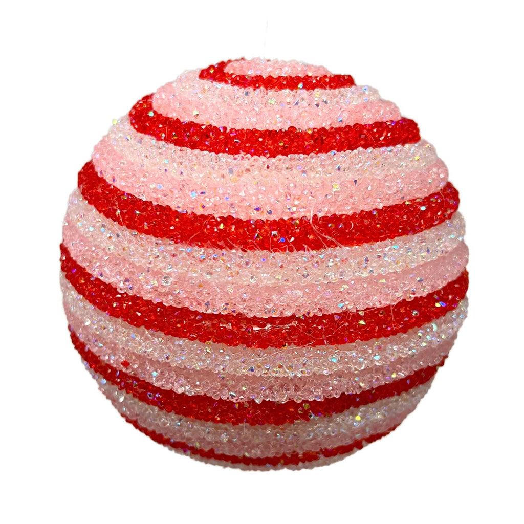 Set of 4 red and light pink peppermint stripe ball ornaments with icy beaded texture, 4-inch Christmas decorations