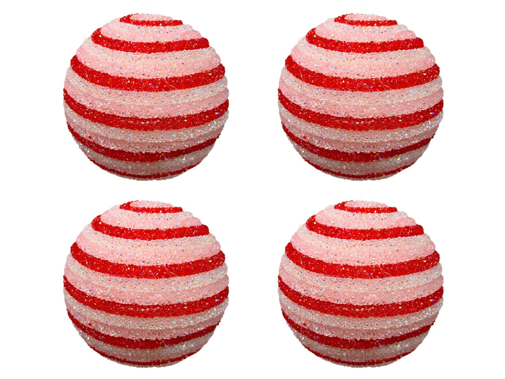 Set of 4 - David Christopher Icy Peppermint Stripe Ball Ornament - Red/LT. Pink 4" - Christmas Decor, Valentines Ornaments