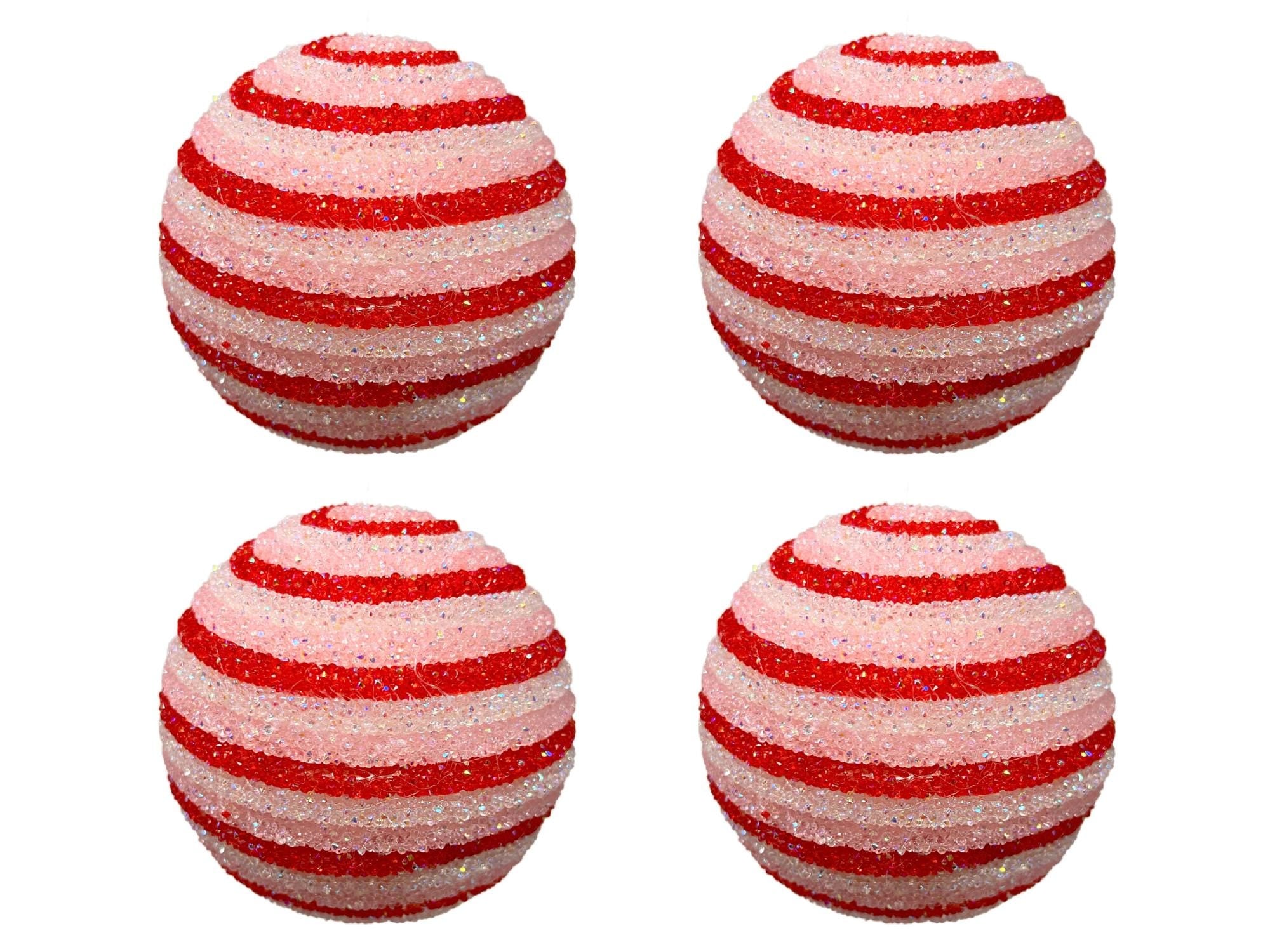 Set of 4 - David Christopher Icy Peppermint Stripe Ball Ornament - Red/LT. Pink 4" - Christmas Decor, Valentines Ornaments