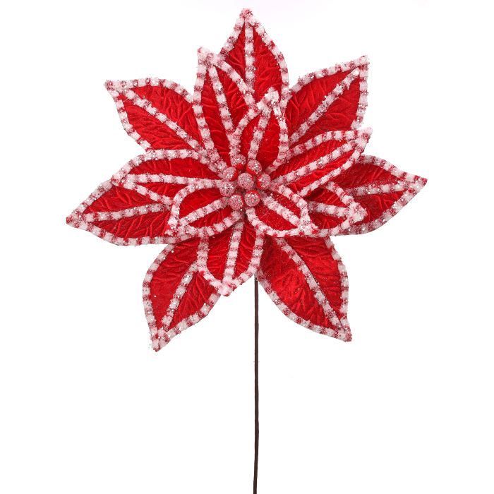 Candyland Poinsettia Stem – 30" Giant Red White Glitter Christmas Flower Decor, Whimsical Holiday Tree Topper, Faux Floral Stem for Wreaths