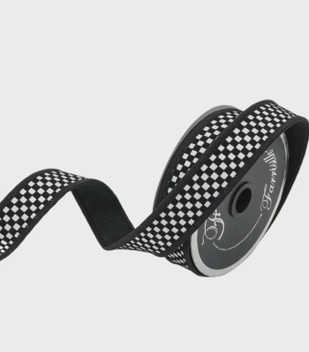 Farrisilk Black & White Mini Check Ribbon – 1" x 10 Yards Wired – Wreath, Tree, Garland and Gift Decorating - Everyday and Christmas Ribbon