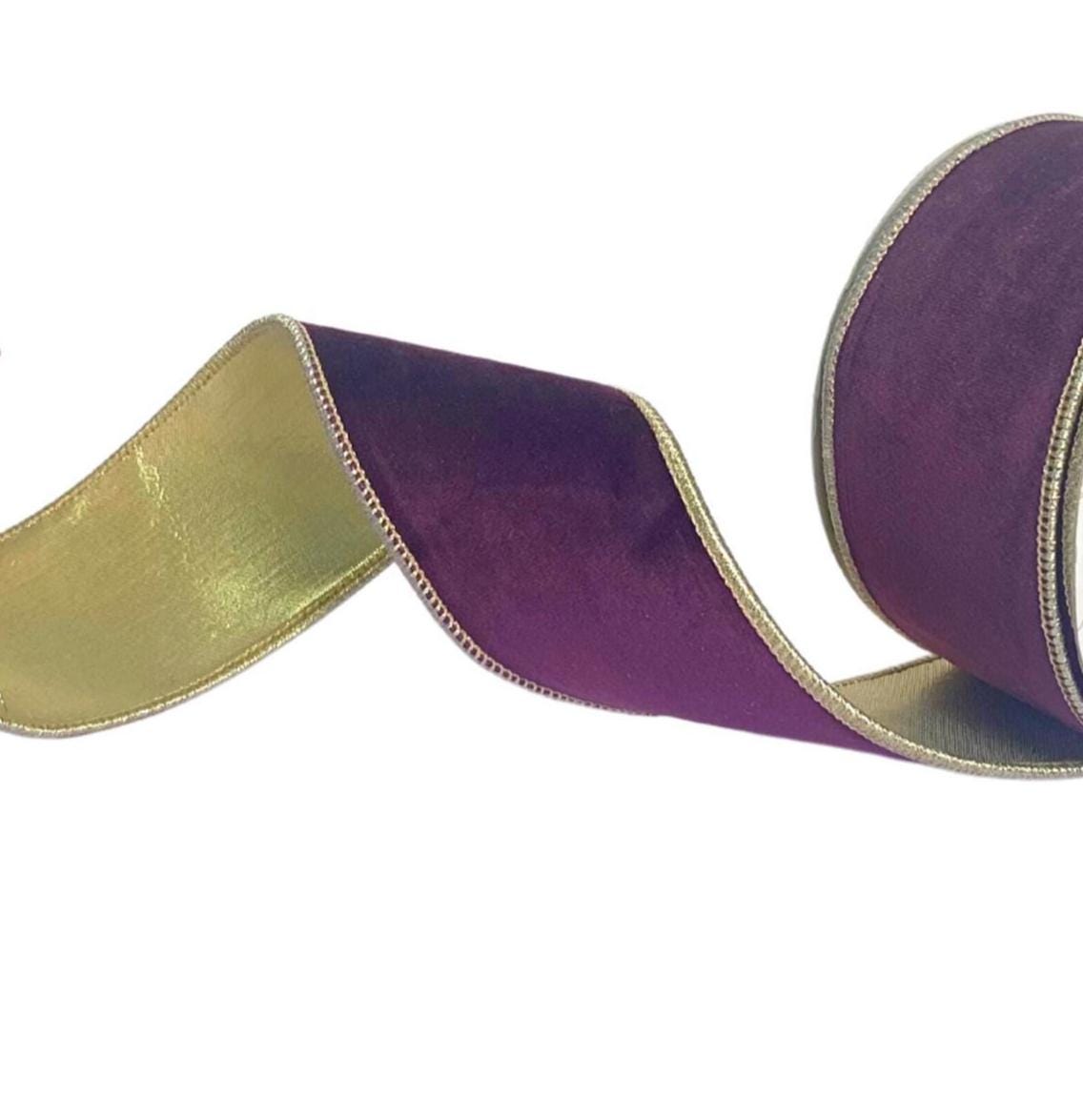 Purple Velvet Ribbon with Platinum Lame Back Edge – 2.5” x 10 Yards Wired Ribbon for Holiday Decor, Wreaths, Bows, Gift Wrapping & Crafts