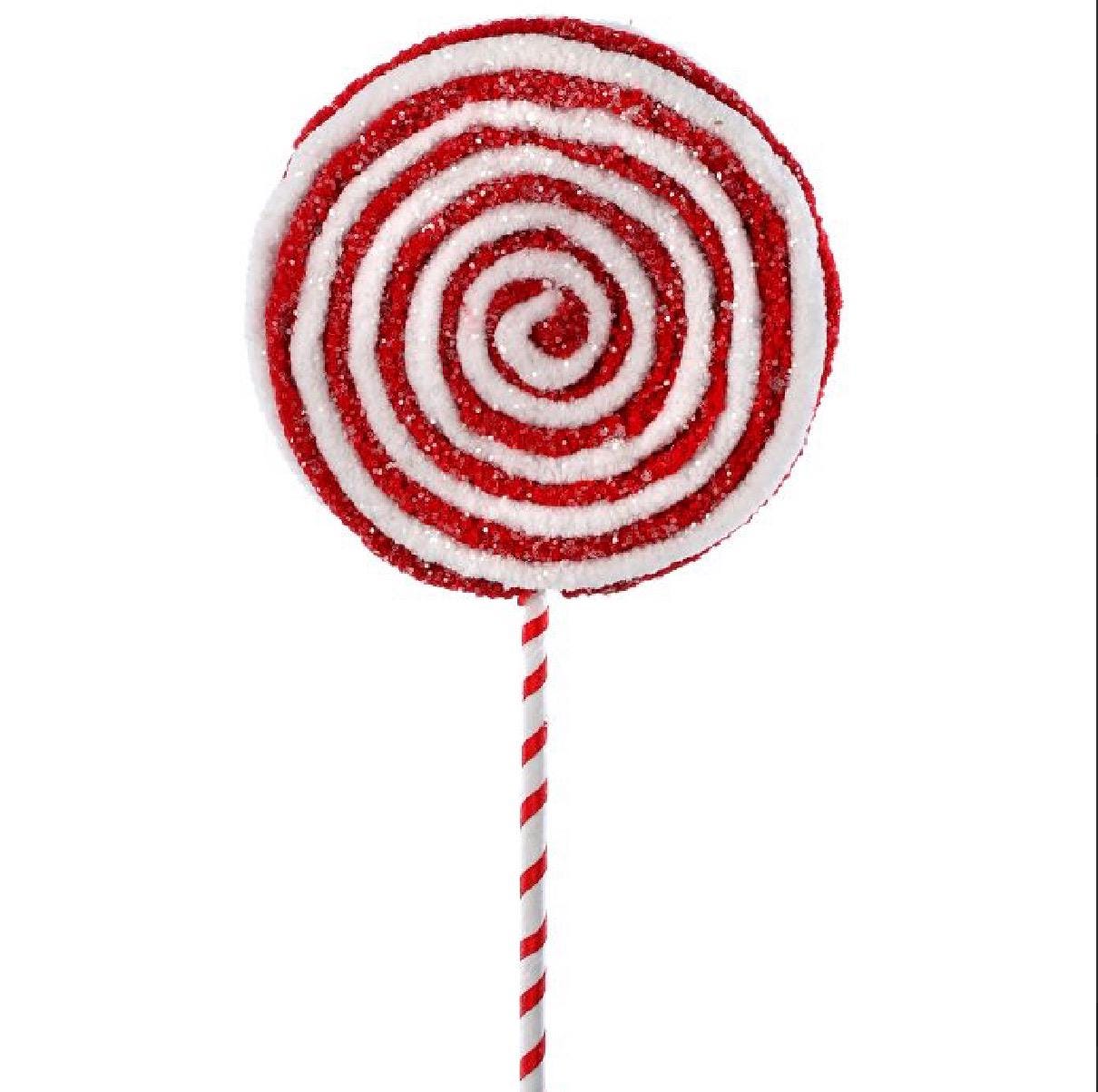 15” Red & White Frosted Felt Lollipop Pick | Candyland Christmas Decor | Whimsical Holiday Stem | Peppermint Wreath and Tree Accent