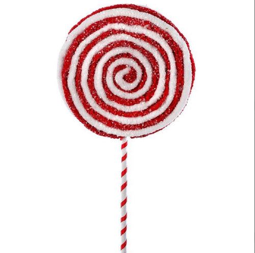 15” Red & White Frosted Felt Lollipop Pick | Candyland Christmas Decor | Whimsical Holiday Stem | Peppermint Wreath and Tree Accent