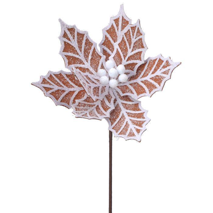 24" Gingerbread Poinsettia Stem – Brown and White Frosted Christmas Floral Pick for Tree, Wreath, or Holiday Arrangement