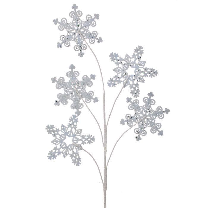28" Iridescent White Glitter Snowflake Spray – 5 Snowflake Christmas Pick for Tree, Wreath, or Winter Wonderland Decor