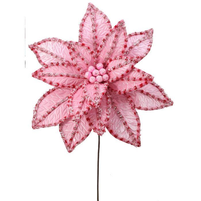 Candyland Poinsettia Stem – 30" Giant Pink Red Glitter Christmas Flower Decor, Whimsical Holiday Tree Topper, Faux Floral Stem for Wreaths