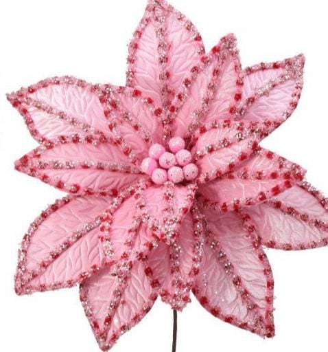 Candyland Poinsettia Stem – 30" Giant Pink Red Glitter Christmas Flower Decor, Whimsical Holiday Tree Topper, Faux Floral Stem for Wreaths