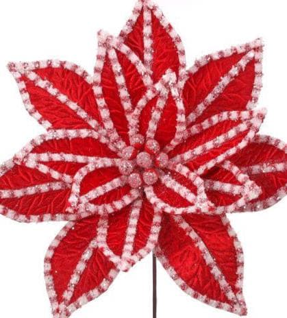 Candyland Poinsettia Stem – 30" Giant Red White Glitter Christmas Flower Decor, Whimsical Holiday Tree Topper, Faux Floral Stem for Wreaths