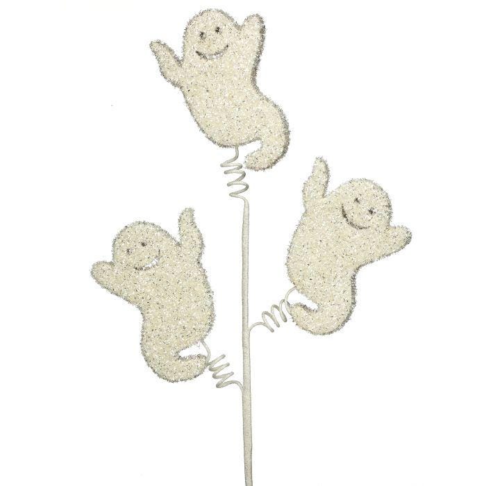 Glitter Ghost Spray – 29" White Halloween Pick with 3 Sparkly Ghosts, Whimsical Wreath Decor, Cute Ghost Floral Stem, Halloween Tree Accent