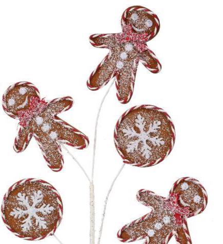 Gingerbread Christmas Spray – 27" Candyland Holiday Pick with Gingerbread Men & Snowflake Lollipops, Whimsical Tree or Wreath Decor