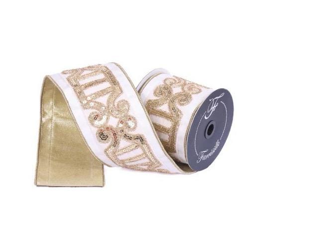 Farrisilk 4” x 5yd Ivory Plush Nutcracker Ribbon | Luxury Wired Christmas Ribbon | Holiday Wreath, Tree, & Gift Décor