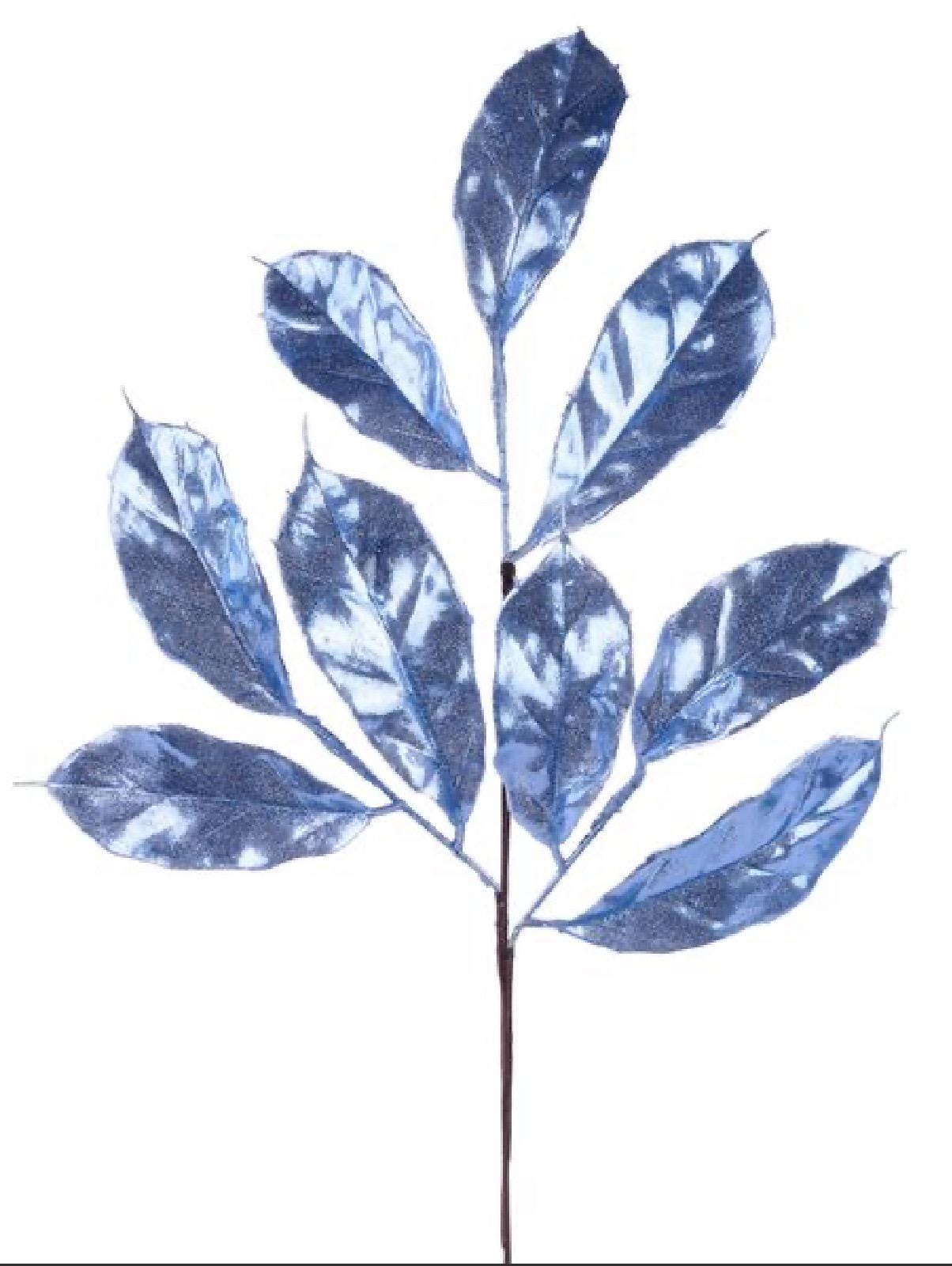 21.5”L Metallic Glitter Magnolia Leaf Spray | Blue Christmas Stem | Holiday Floral Pick | Elegant Tree, Wreath Centerpiece Décor