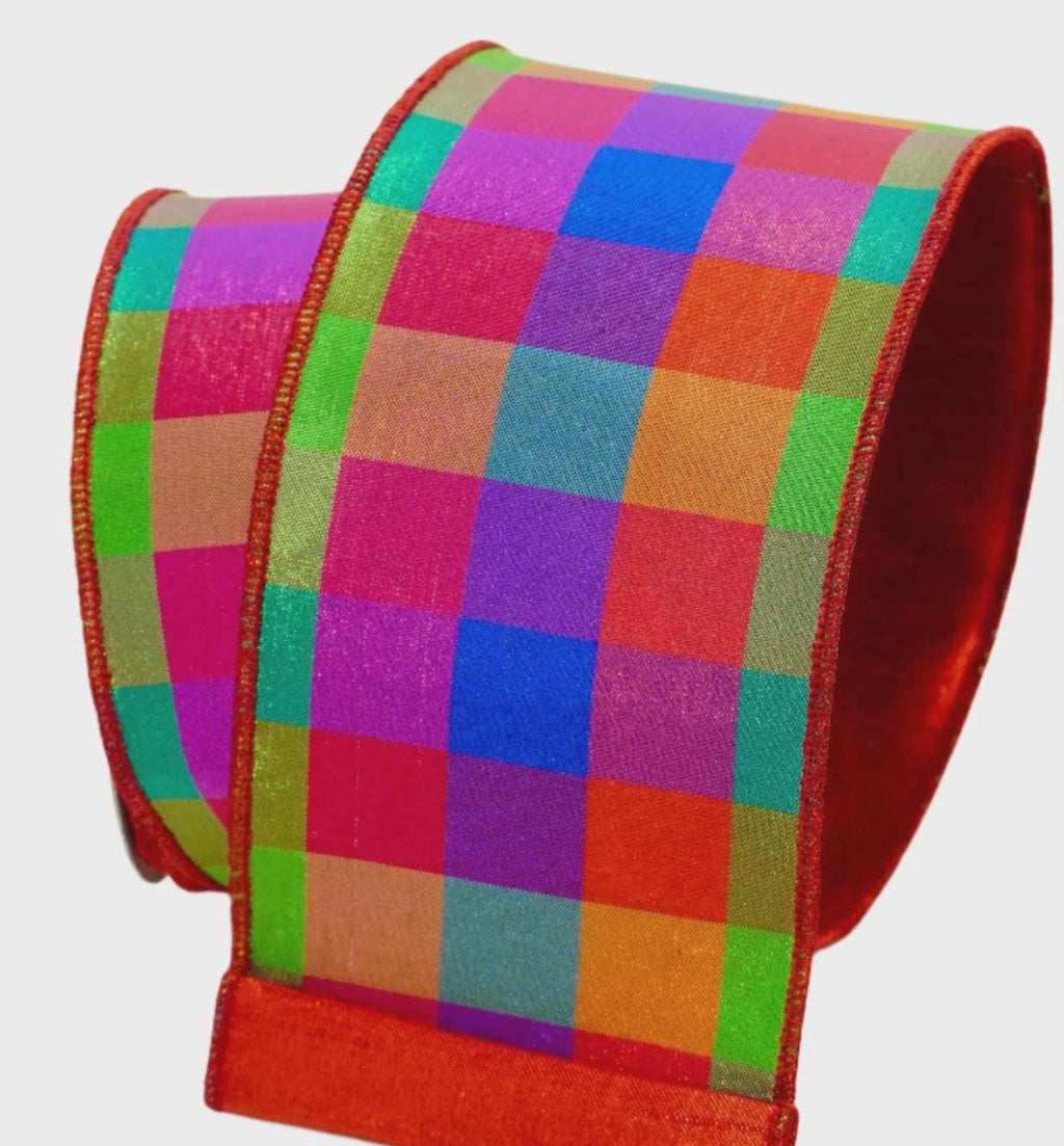 Farrisilk Mulit-Color Checks 4” Ribbon, Luxury Ribbon, Premium Holiday Ribbon, Designer Ribbon, Christmas Tree Ribbon, Bright Spring Ribbon