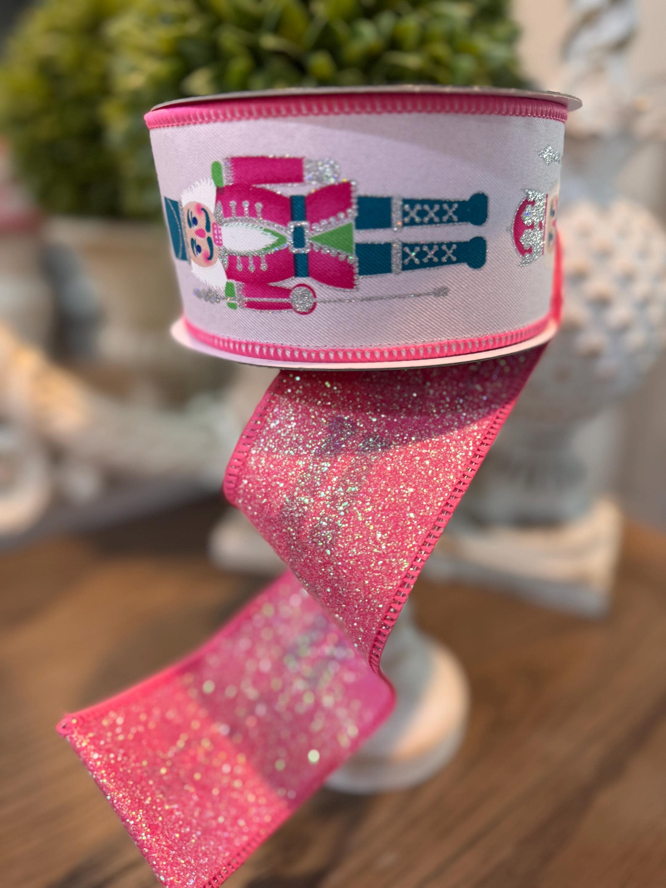 Farrisilk Pink Nutcracker Christmas Ribbon – 2.5" x 10 Yards Wired, Pink Glitter Backed Holiday Ribbon, Gift Wrap, Bows, Wreaths, Tree Decor