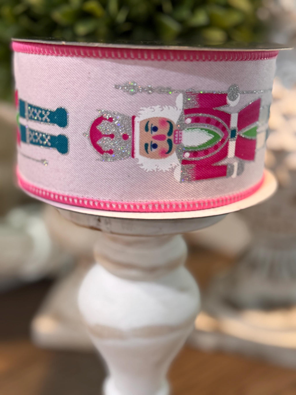 Farrisilk Pink Nutcracker Christmas Ribbon – 2.5" x 10 Yards Wired, Pink Glitter Backed Holiday Ribbon, Gift Wrap, Bows, Wreaths, Tree Decor