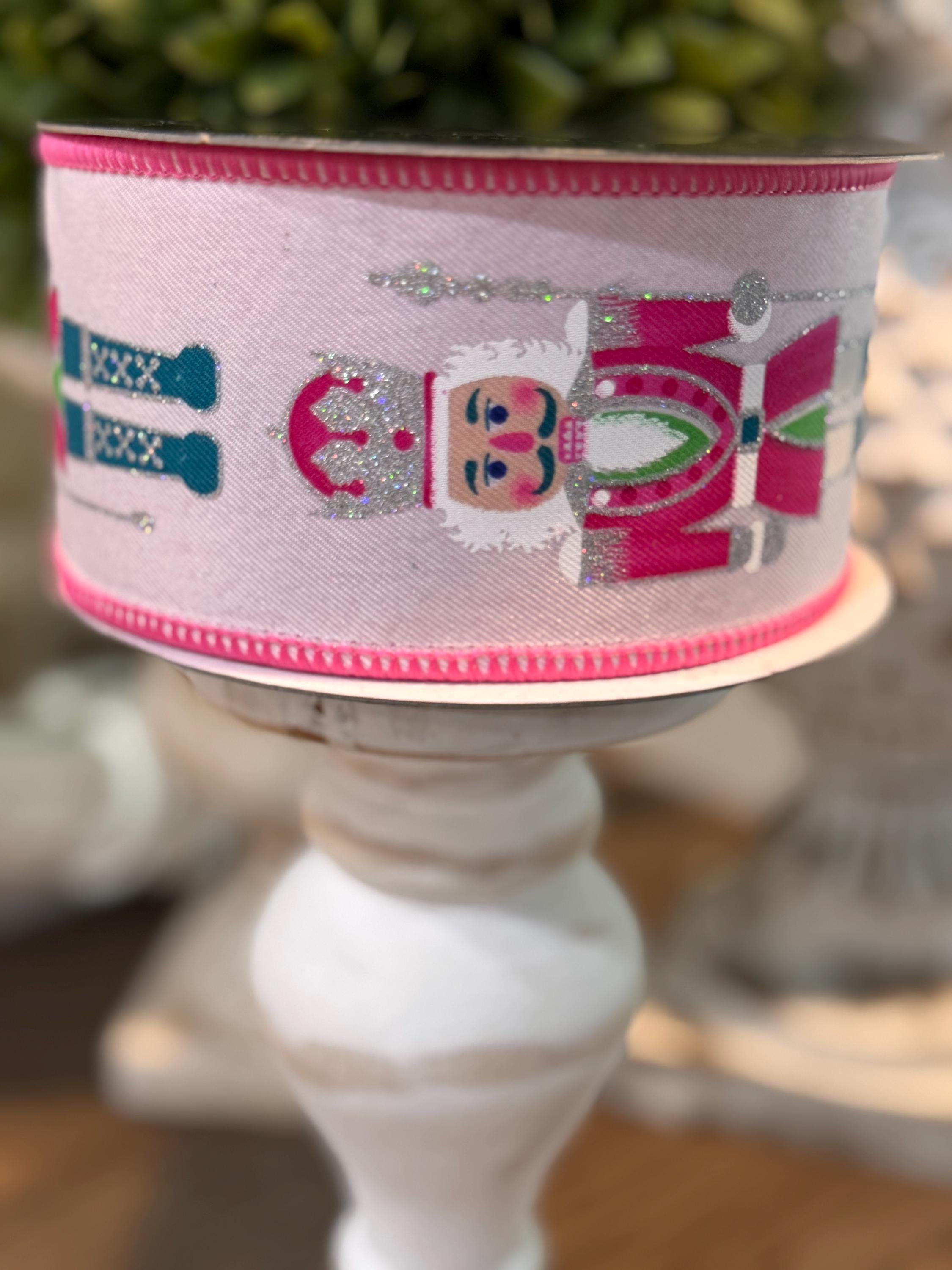 Farrisilk Pink Nutcracker Christmas Ribbon – 2.5" x 10 Yards Wired, Pink Glitter Backed Holiday Ribbon, Gift Wrap, Bows, Wreaths, Tree Decor