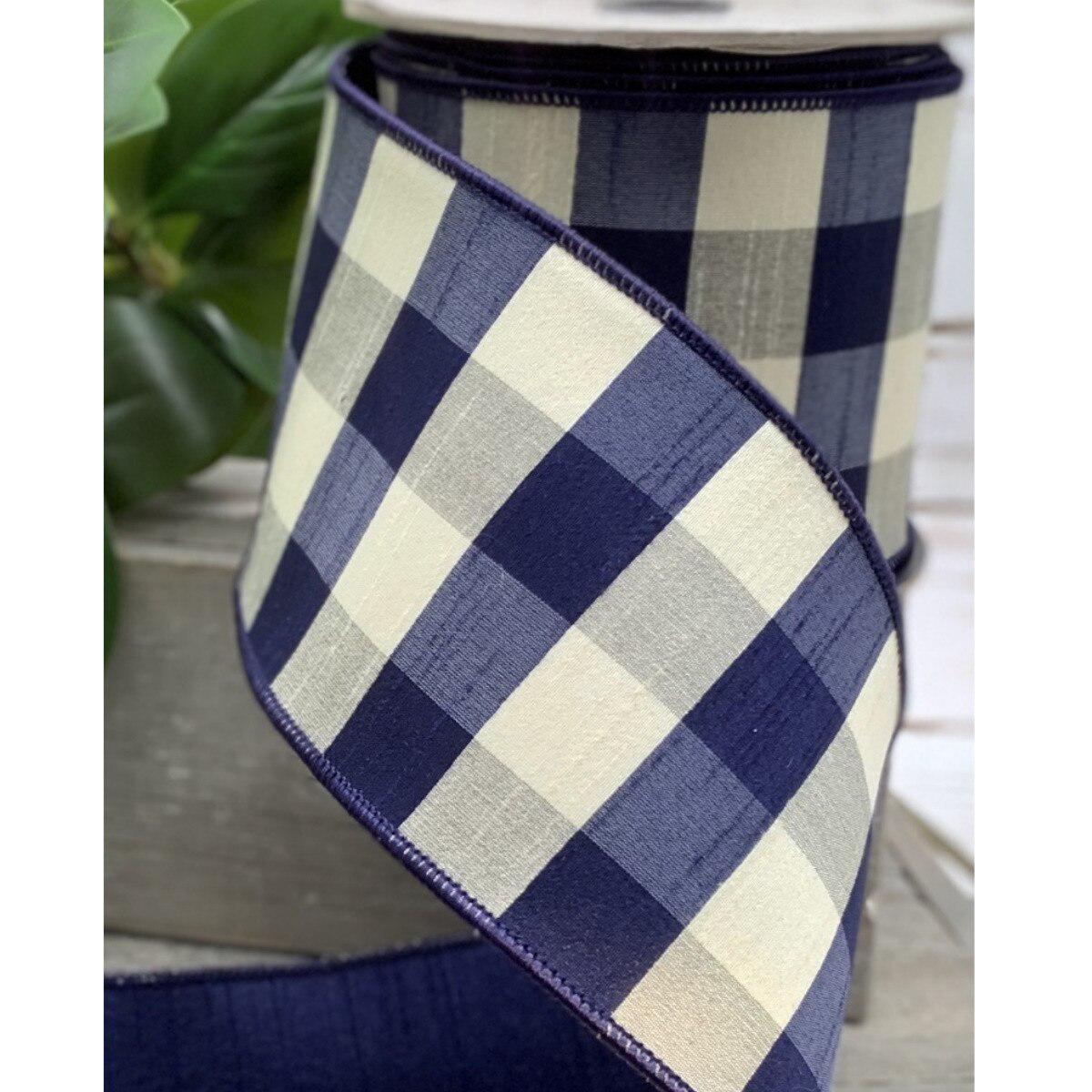 D Stevens Navy & Cream Dupion Check Ribbon – 4” x 10 Yards – Premium D. Wired Edge Ribbon