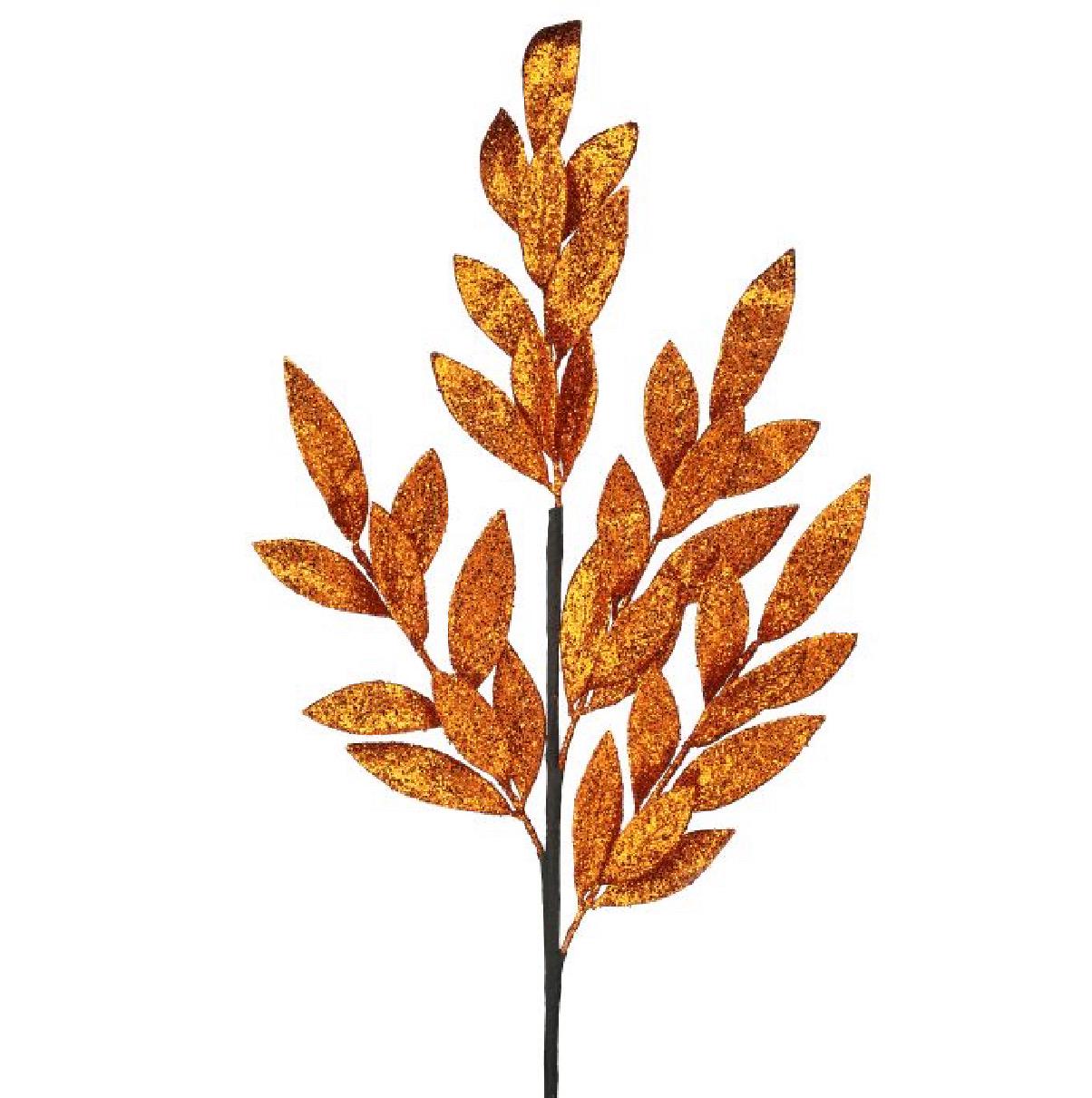 30” Orange Glitter Laurel Leaf Spray | Fall Floral Stem | Sparkling Autumn Branch | Thanksgiving Centerpiece | Wreath & Holiday Decor