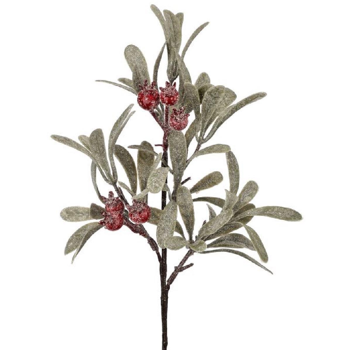 12” Green & Red Frosted Mistletoe Berry Pick | Christmas Floral Stem | Holiday Wreath Accent | Winter Centerpiece and Garland Decor