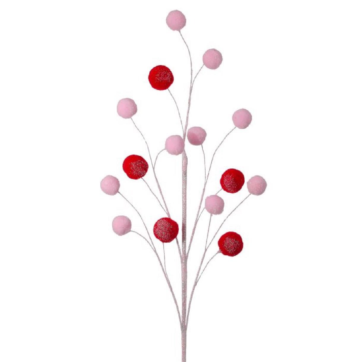 24” Pink & Red Glitter Pom Pom Spray | Candyland Christmas Stem | Valentine Decor | Whimsical Wreath Pick | Holiday Centerpiece