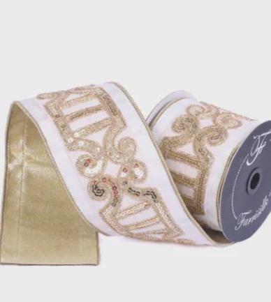 Farrisilk 4” x 5yd Ivory Plush Nutcracker Ribbon | Luxury Wired Christmas Ribbon | Holiday Wreath, Tree, & Gift Décor