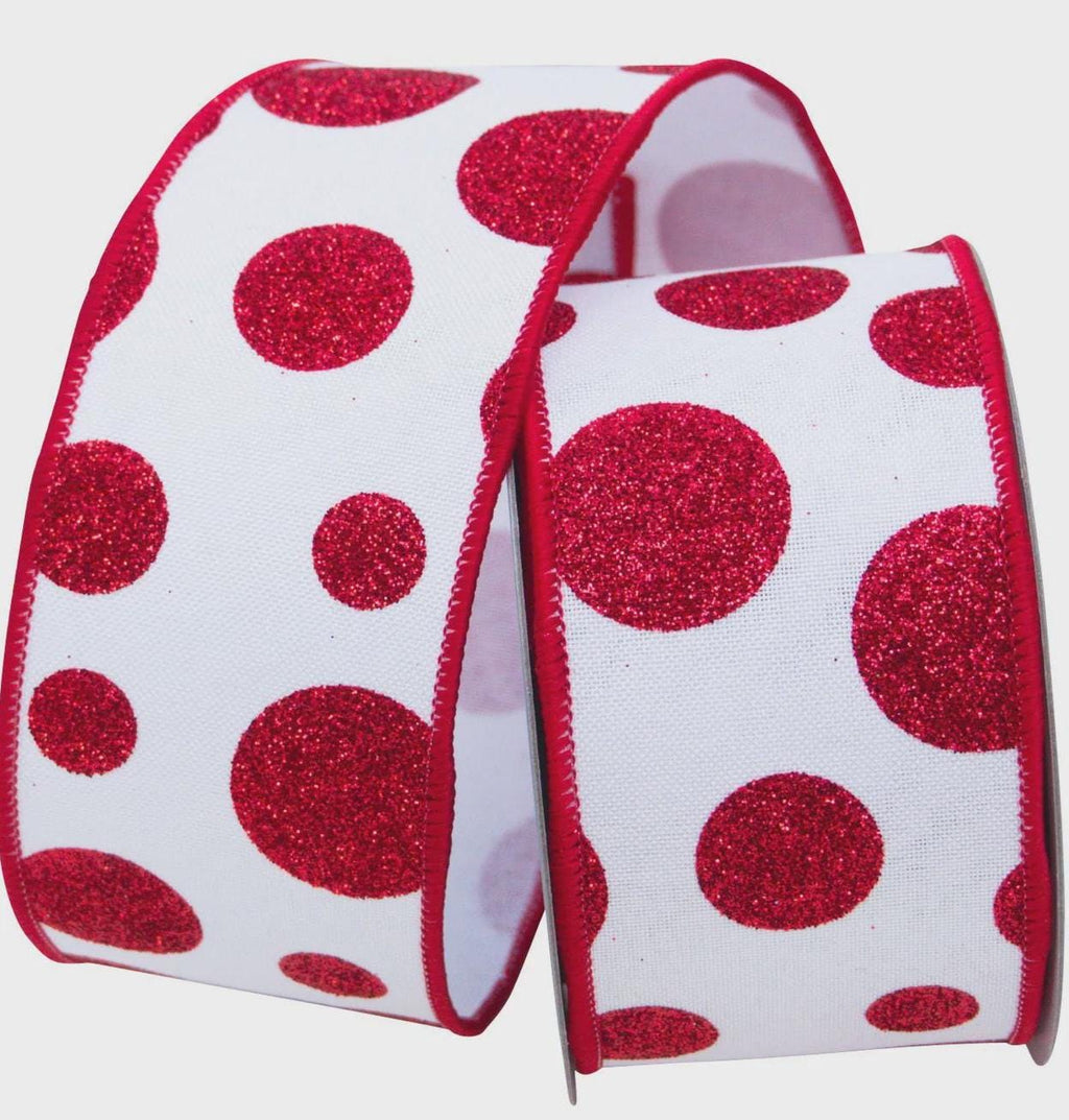 2.5” x 10yd Red Glitter Random Dots Ribbon | Wired Edge | Wreaths, Bows, Trees, Gifts & Crafts