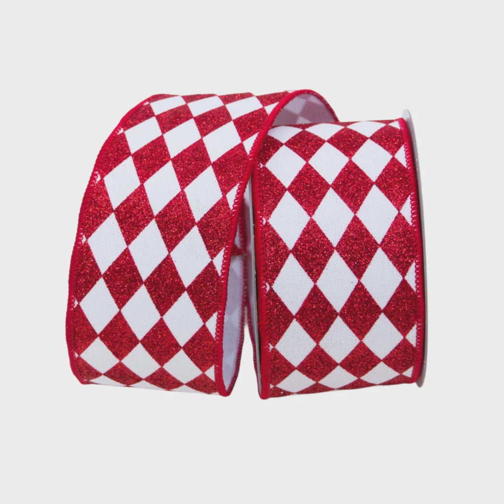 Farrisilk Red White Glittered Harlequin Ribbon 2.5” x 10 yards, Wired Ribbon, Luxe Holiday Ribbon, Christmas Tree Ribbon, Designer Christmas